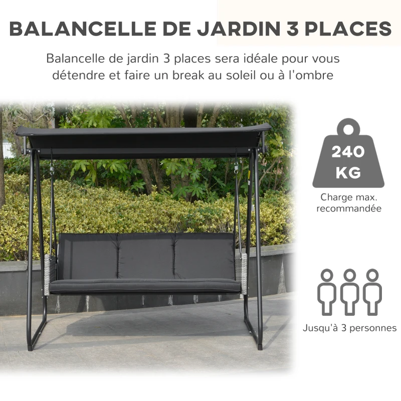 Outsunny Balancelle de jardin 3 places auvent inclinaison réglable coussins assise et dossier 210L x 138l x 182H cm métal noir polyester noir