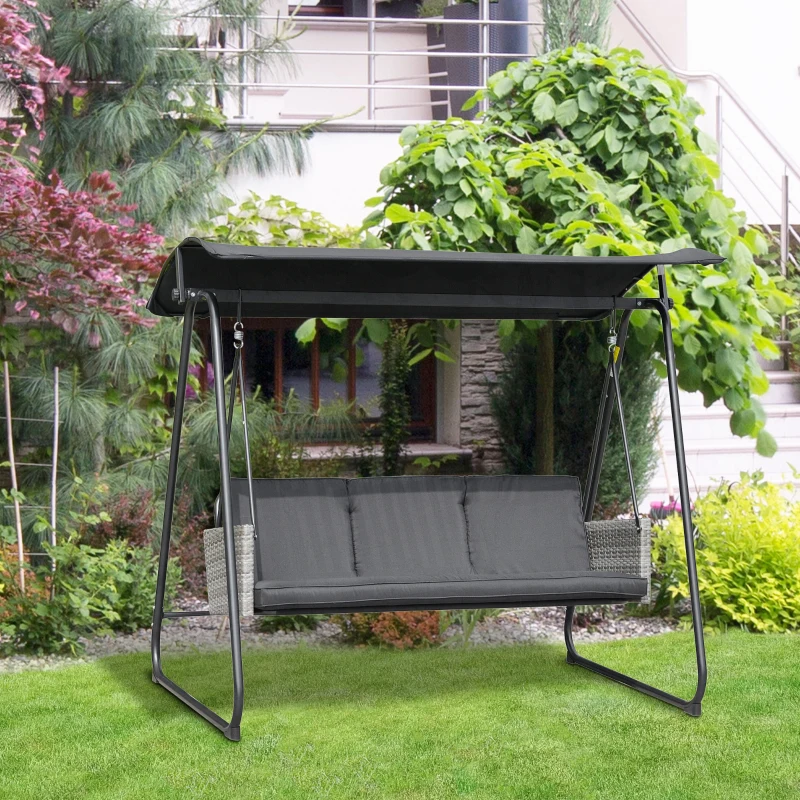 Outsunny Balancelle de jardin 3 places auvent inclinaison réglable coussins assise et dossier 210L x 138l x 182H cm métal noir polyester noir