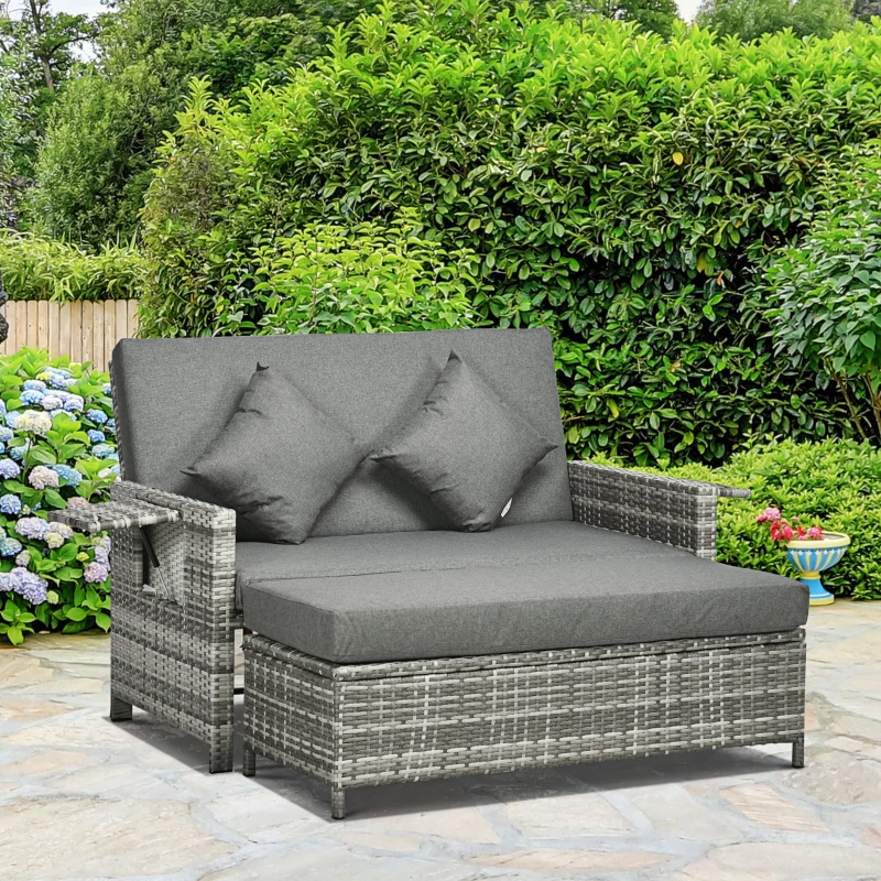Outsunny Rattan Garden Daybed, Assembled Double Sun Lounger with 5-Level Adjustable Back, Storage Ottoman, Cushions, Pillows and Retractable Trays, Outdoor Loveseat Sofa Bed for Patio, Mixed Grey