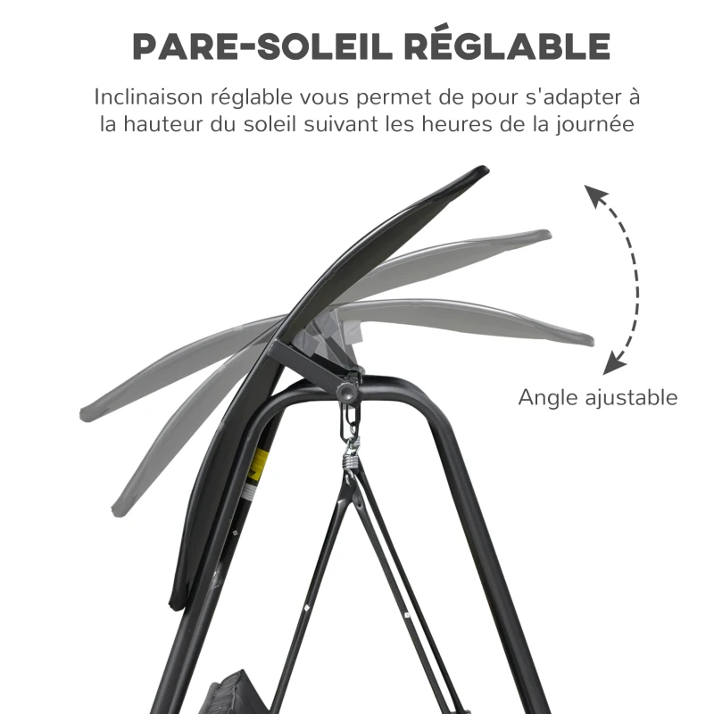 Outsunny Balancelle de jardin 3 places auvent inclinaison réglable coussins assise et dossier 210L x 138l x 182H cm métal noir polyester noir