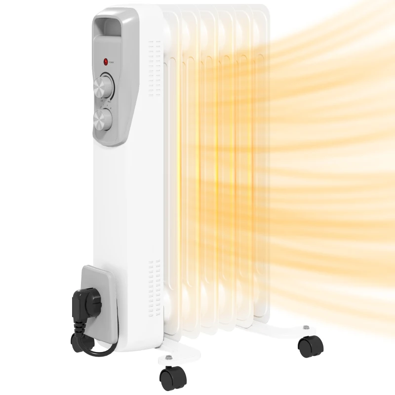 HOMCOM Aquecedor a Óleo Silencioso 1500W Aquecedor Elétrico Baixo Consumo com Rodas Temperatura Ajustável para 20 m² 29x40x62 cm Branco