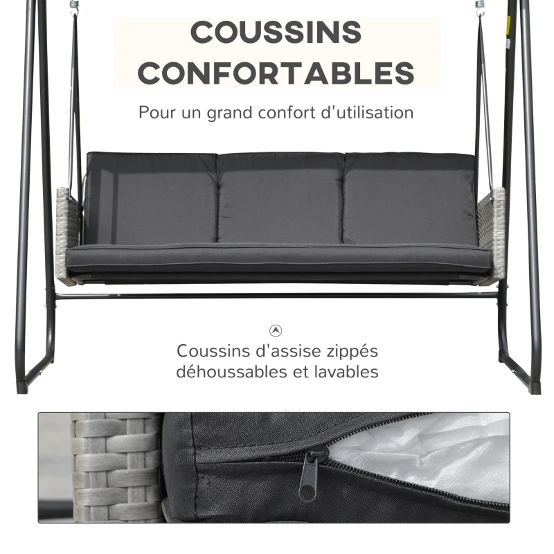 Outsunny Balancelle de jardin 3 places auvent inclinaison réglable coussins assise et dossier 210L x 138l x 182H cm métal noir polyester noir