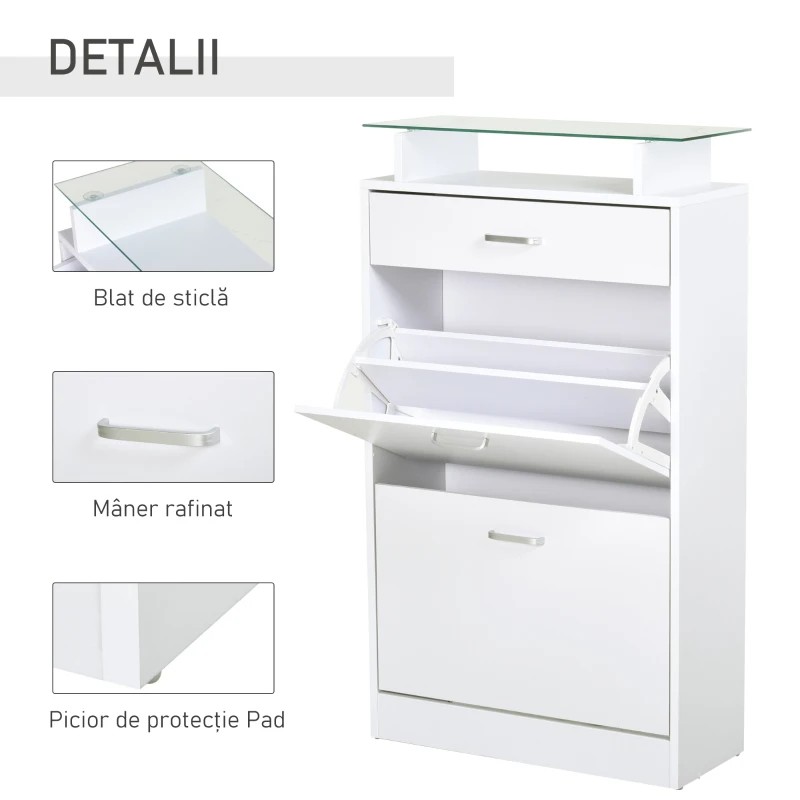 HOMCOM Dulap pentru Pantofi cu 2 Uși pe 2 Niveluri, Sertar și Raft din Sticlă, Dulap pentru Pantofi, 60x24x105,5 cm, Alb