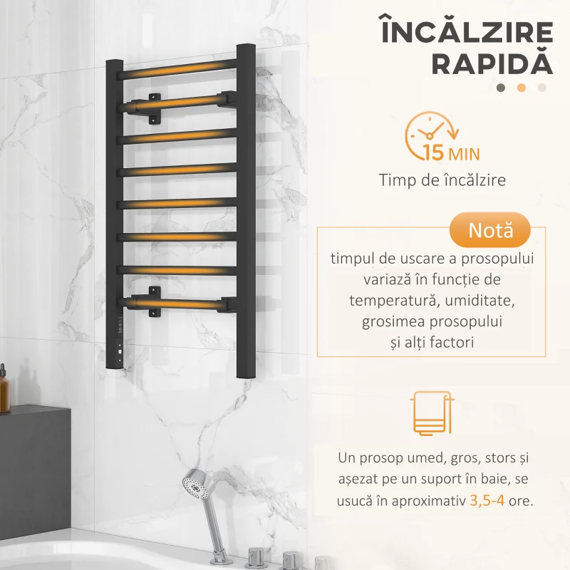 HOMCOM Uscător Electric de Prosoape, Cuier Încălzit cu 8 Bare și Temporizator de 2 sau 4 Ore, 53x35x90 cm, Negru