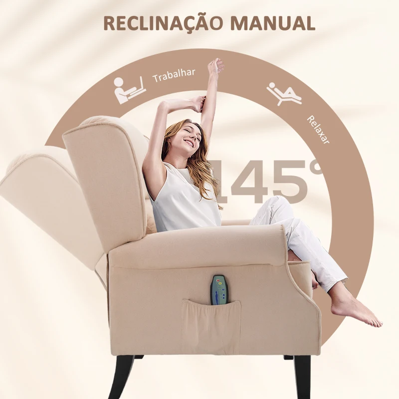 HOMCOM Poltrona de Massagem Poltrona Relax Reclinável com Controlo Remoto 2 Áreas de Massagem Bolso Lateral 78x83x101 cm Bege