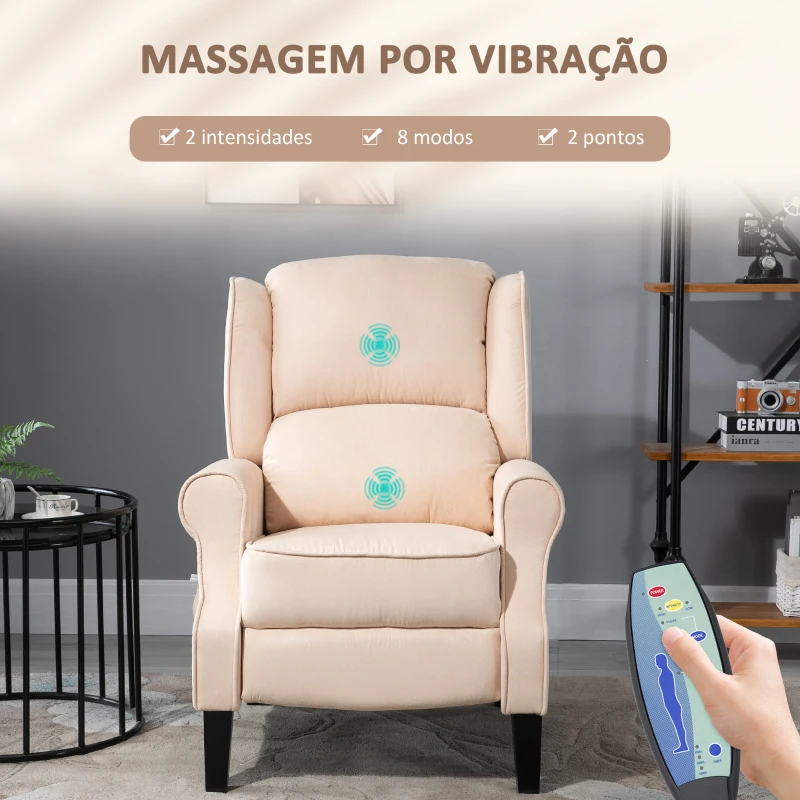 HOMCOM Poltrona de Massagem Poltrona Relax Reclinável com Controlo Remoto 2 Áreas de Massagem Bolso Lateral 78x83x101 cm Bege