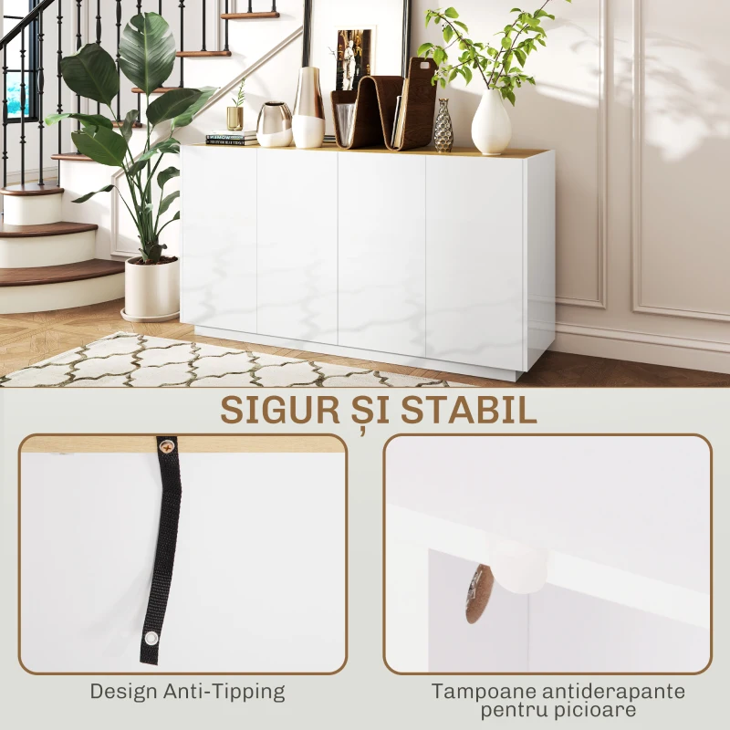 HOMCOM Bufet de Bucătărie cu Uși Amortizate și Rafturi Reglabile, pentru Sufragerie sau Living, 140x40x75 cm, Alb Lucios