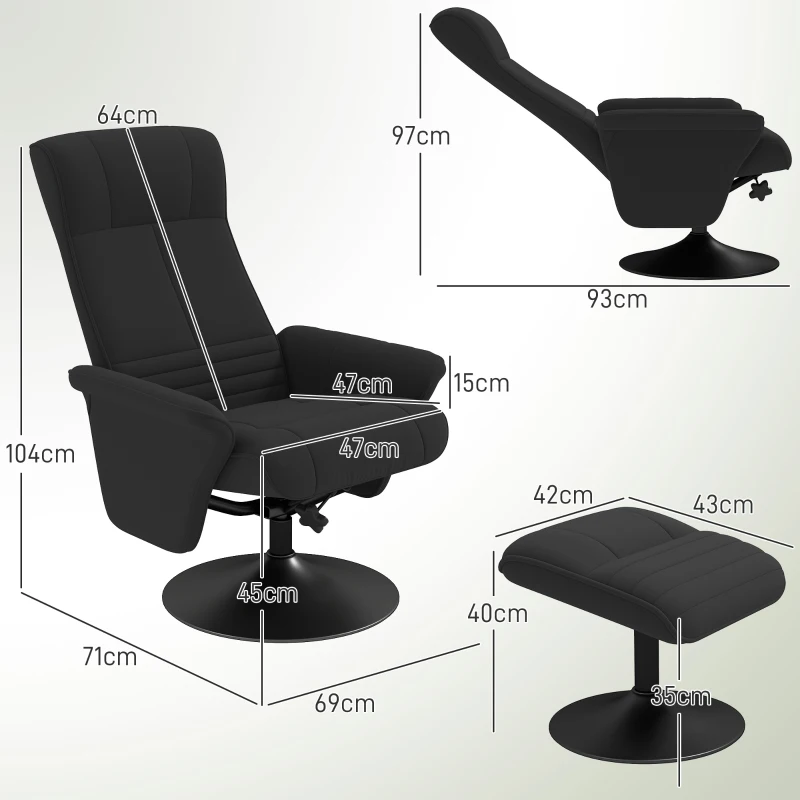 HOMCOM Fotel z podnóżkiem, obrotowy, ergonomiczny, w wyglądzie mikrofałdy, do 150 kg, Czarny
