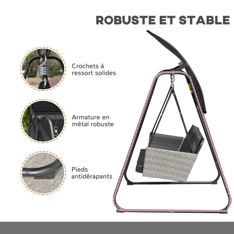 Outsunny Balancelle de jardin 3 places auvent inclinaison réglable coussins assise et dossier 210L x 138l x 182H cm métal noir polyester noir