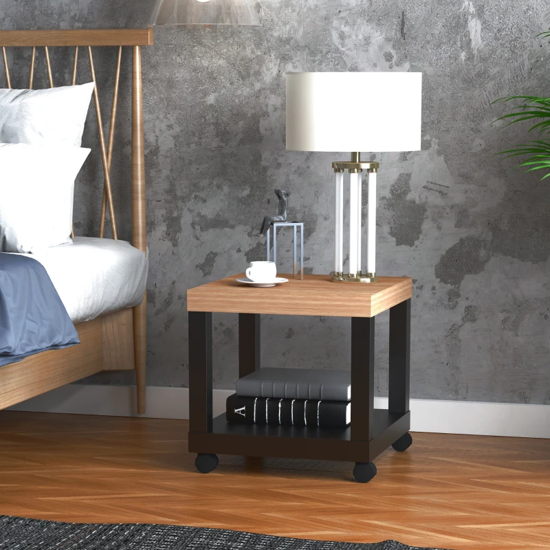 HOMCOM Sofa Side Table Square End Desk with Open Storage Shelf, Rolling Wheels, Free Moving for Home Office Studio