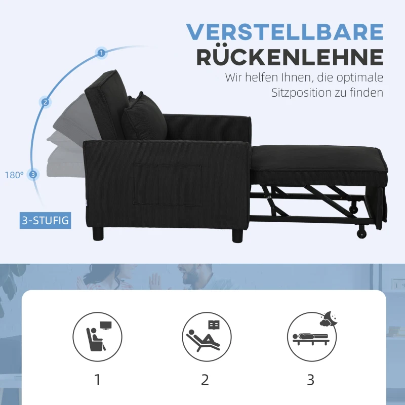 HOMCOM Slaapfauteuil, 3 standen verstelbare, Corduroy bekleding, tot 120 kg, Zwart(m-5)