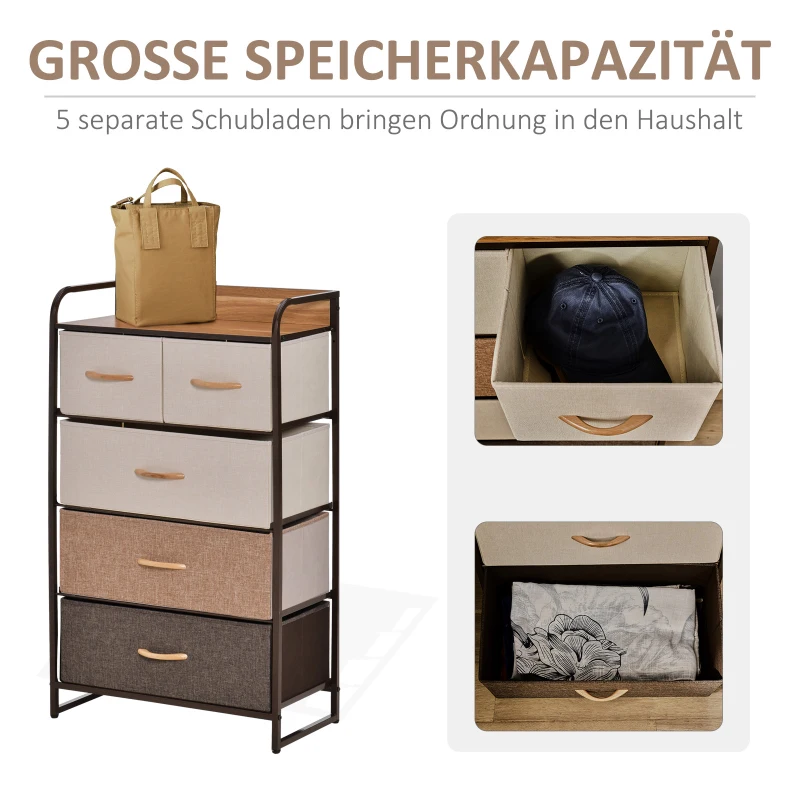 HOMCOM Komoda z 5 składanymi szufladami z tkaniny, półka, stabilna stalowa rama, 58 x 29 x 99 cm