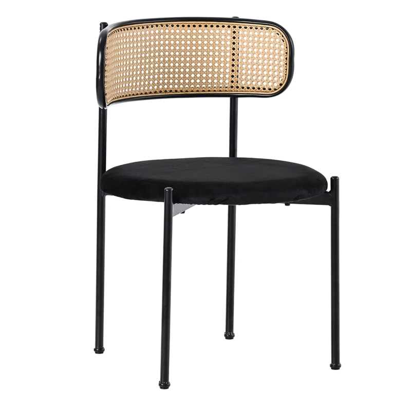 Set de 4 Sillas de Comedor de Terciopelo con Patas de Metal y Respaldo de Rejilla 45x40x75 cm Negro