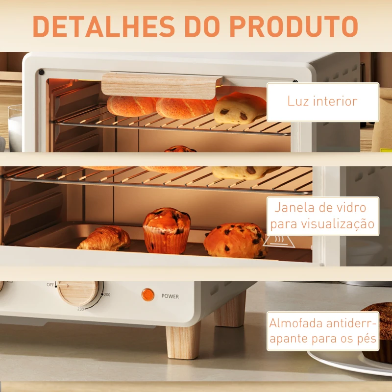 HOMCOM Forno Elétrico de Mesa Mino Forno de 16L Forno Elétrico com Temporizador e Temperatura Ajustável até 230℃ 39x27,5x28,8 cm Creme
