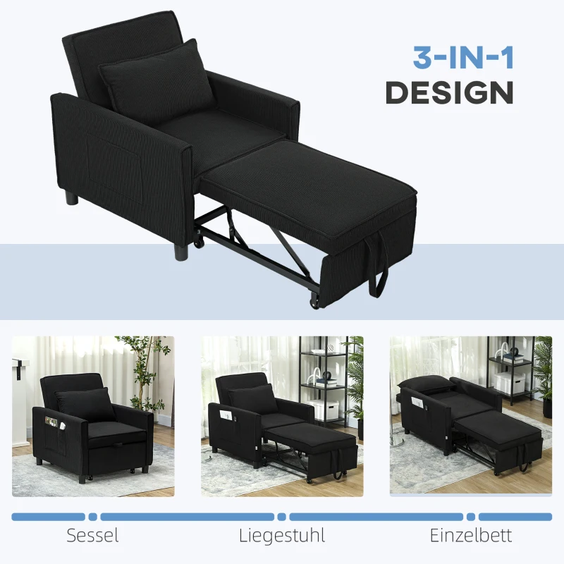HOMCOM Slaapfauteuil, 3 standen verstelbare, Corduroy bekleding, tot 120 kg, Zwart(m-4)