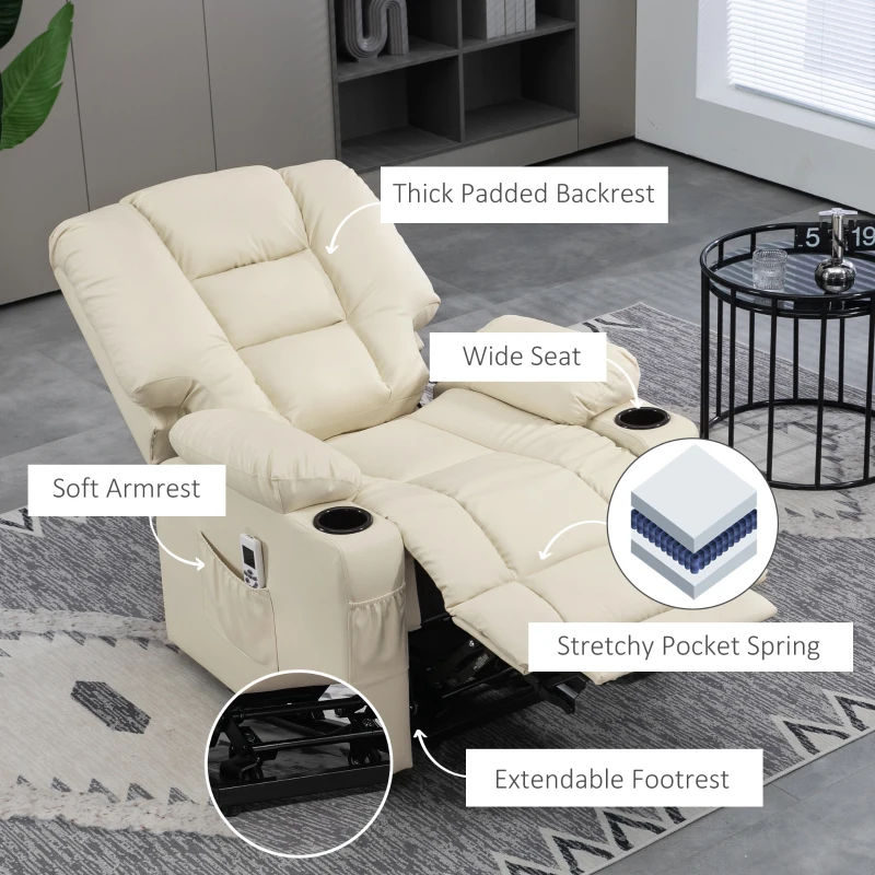 HOMCOM Fotel masujący z funkcją wyjścia dla seniorów, z pilotem zdalnego sterowania, 4 tryby masażu, 90 cm x 98 cm x 102 cm, Kremowy