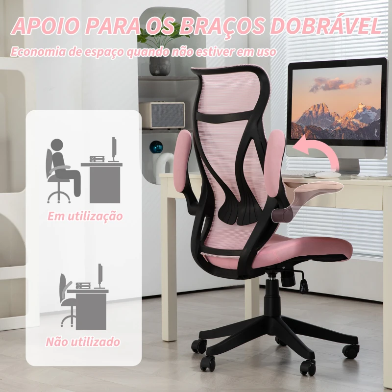 HOMCOM Cadeira de Escritório Giratória com Altura Ajustável Apoio para os Braços Dobráveis e Função Basculante 66x66x113-121 cm Rosa
