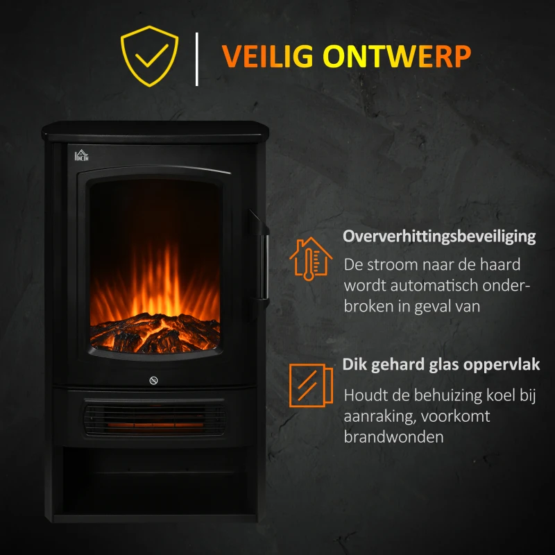 HOMCOM elektrische haard, realistische vlammen, 2 verwarmingsniveaus, bescherming tegen oververhitting, staal, zwart, 44,5 x 32 x 74 cm(m-6)