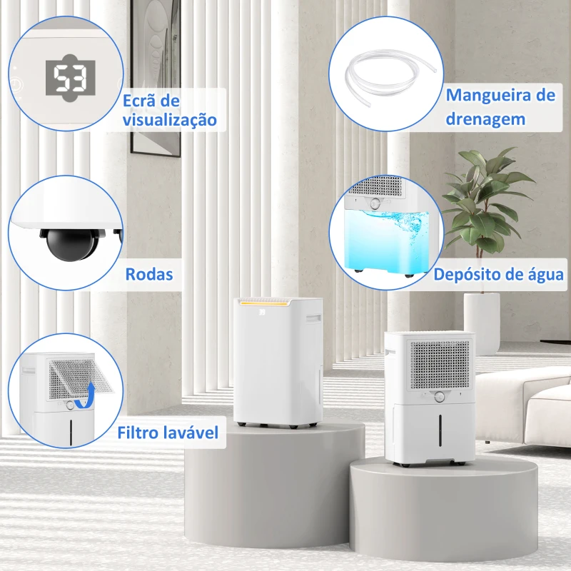 HOMCOM Desumidificador Elétrico 20L/Dia Depósito 2,5L Temporizador 24H Ecrã Digital para Ambientes até 25㎡ 32x23x49 cm Branco