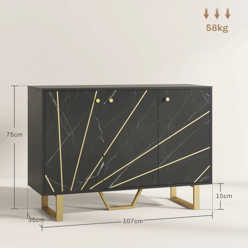 HOMCOM Aparador de Sala de Estar com 2 Armários e Prateleira Interior Ajustável com Efeito Mármore 107x35x75 cm Preto e Dourado