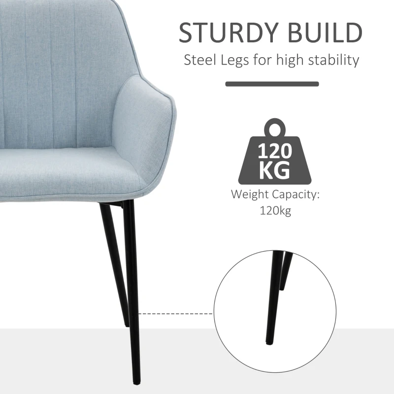 HOMCOM Mid-Century Dining Chairs Upholstered Linen Fabric Accent Chairs with Metal Legs, Set of 2, Light Blue