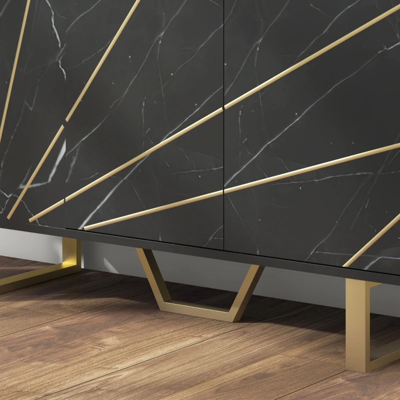 HOMCOM Aparador de Sala de Estar com 2 Armários e Prateleira Interior Ajustável com Efeito Mármore 107x35x75 cm Preto e Dourado
