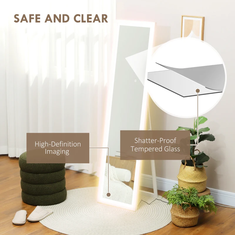 HOMCOM Espelho de Pé com Luz LED 40x160 cm Espelho de Corpo Inteiro com Iluminação de 3 Cores Tátil Função de Memória Branco