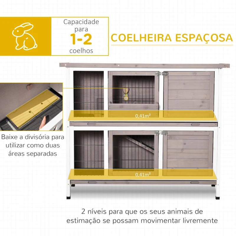 PawHut Coelheira de Madeira Exterior de 2 Níveis Gaiola para 1-2 Coelhos com Telhado com Abertura Comedouro Bandejas Removíveis Rampa e Portas com Fechadura 122x50x101cm Cor Areia