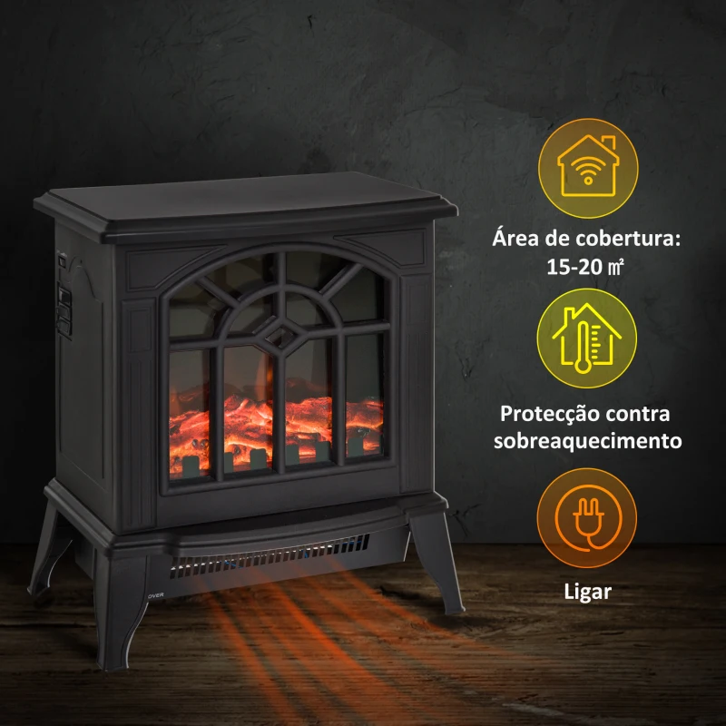 HOMCOM Lareira Elétrica Portátil 1000/2000W com Simulação de Chama Termostato e Proteção de Superaquecimento 36,5x24x46cm Preto