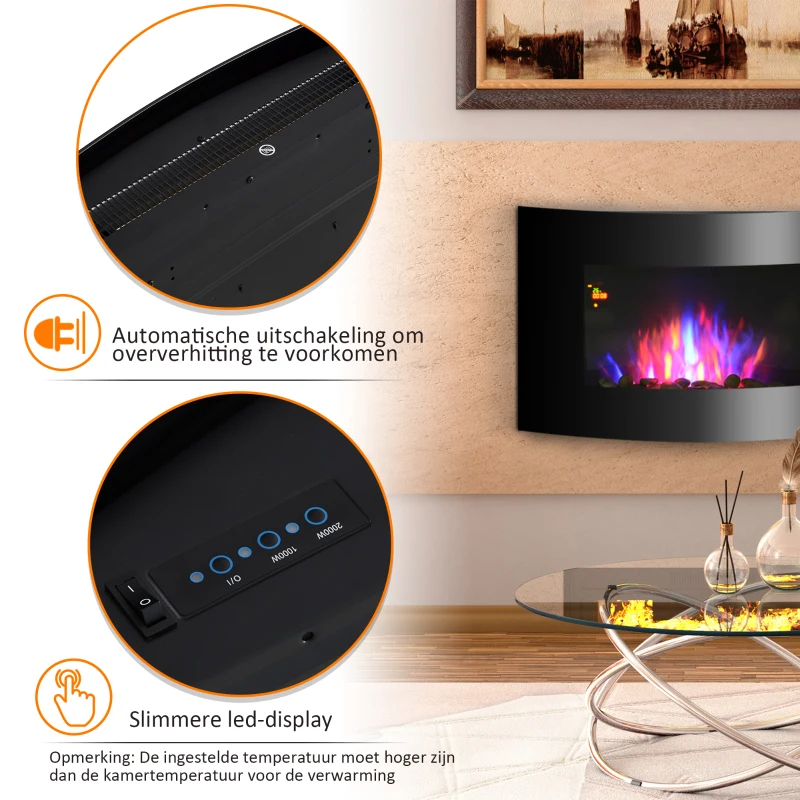HOMCOM Elektrische kachel elektrische wandhaard haardkachel LED kiezelstenen roestvrij staal 1800 W warmte(m-5)