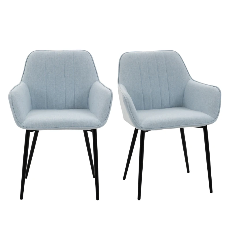 HOMCOM Mid-Century Dining Chairs Upholstered Linen Fabric Accent Chairs with Metal Legs, Set of 2, Light Blue