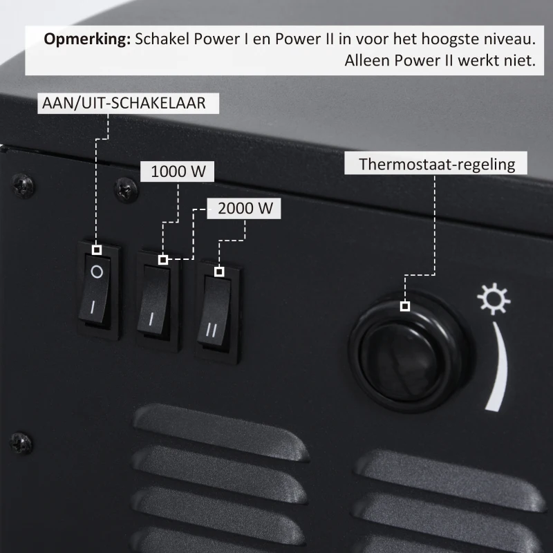 HOMCOM Elektrische kachel met vlameffect thermostaat 1000 W / 2000 W 20 ㎡ zwart metaal 25 x 25,4 x 52 cm(m-6)