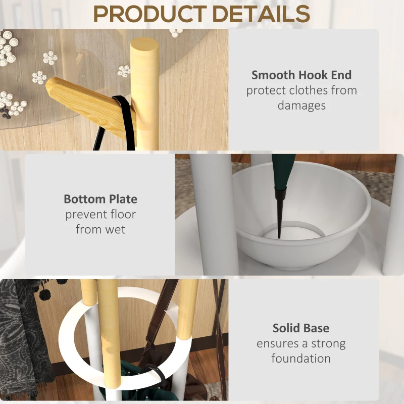 HOMCOM Bamboo Coat Rack Free Standing Hall Tree Umbrella Holder with 13 Hooks for Clothes Hats Scarf Bags for Entryway Living Room Bedroom Natural and White