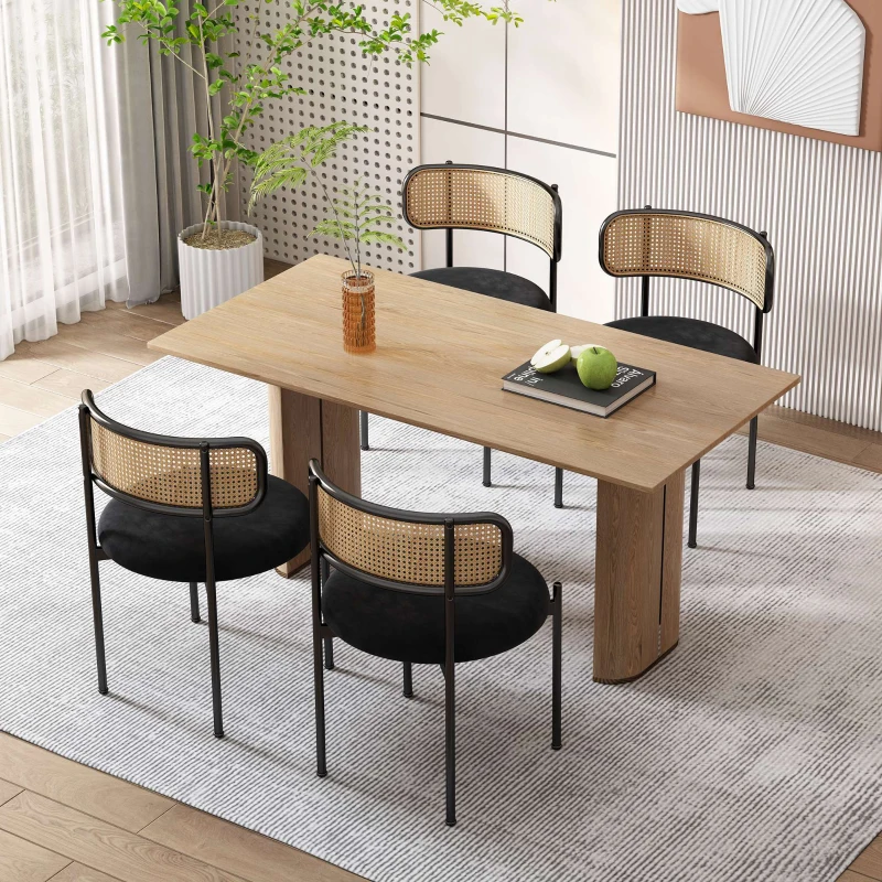 Set de 4 Sillas de Comedor de Terciopelo con Patas de Metal y Respaldo de Rejilla 45x40x75 cm Negro