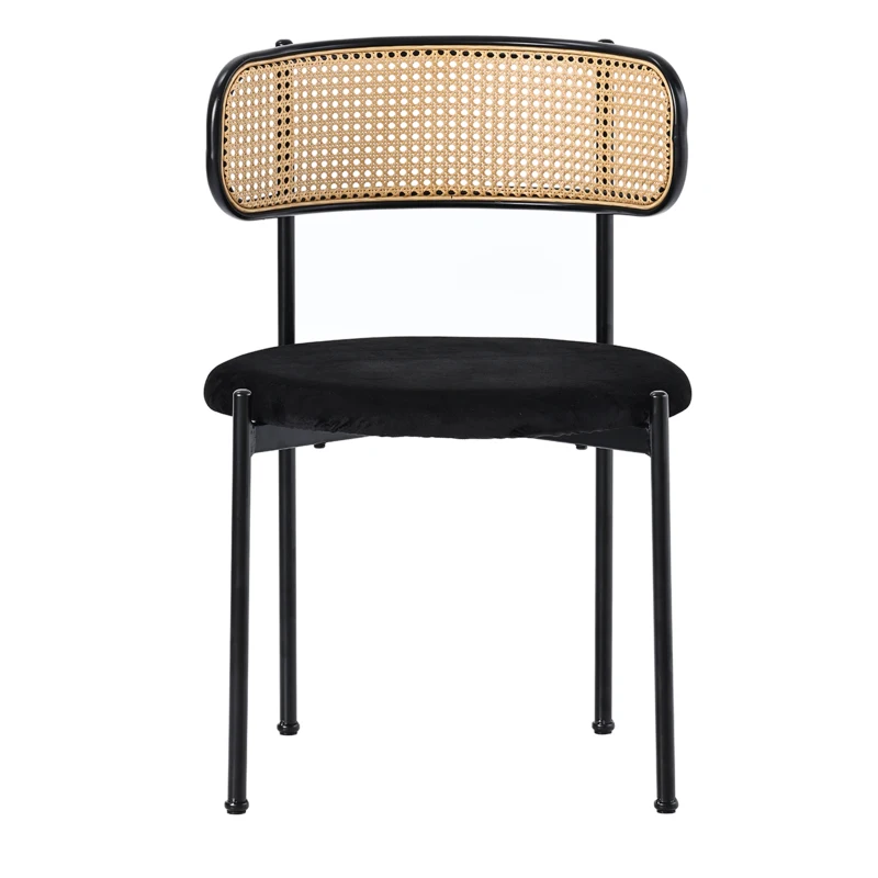 Set de 4 Sillas de Comedor de Terciopelo con Patas de Metal y Respaldo de Rejilla 45x40x75 cm Negro