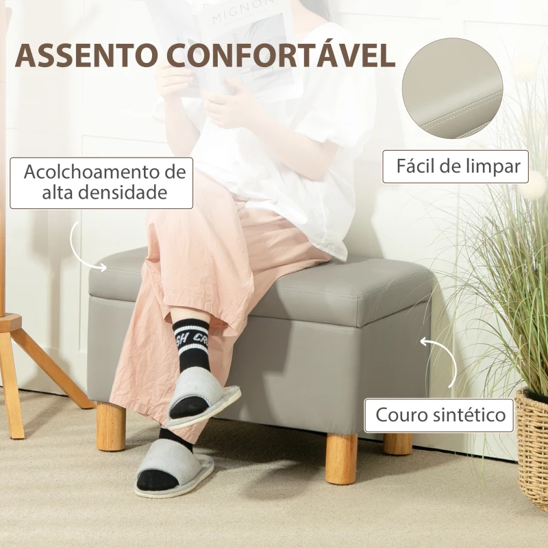 HOMCOM Baú de Armazenamento para Dormitório 33L Puff de Armazenamento Estofado em PU Banco de Arrumação 60x38x40 cm Cinza Claro