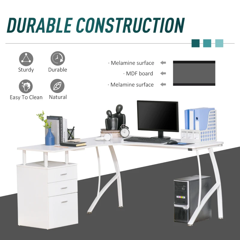 HOMCOM biurko w kształcie litery L z szufladami wykonanymi z materiału MDF metal narożnik do domowego biura miejsce pracy w stylu industrialnym kolor biały 143,5 x 143,5 x 76 cm
