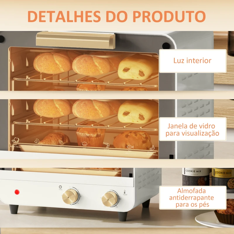 HOMCOM Forno Elétrico de Mesa Mini Forno de 12L 750W com Temporizador e Temperatura Ajustável até 230℃ 31,5x27,7x22,7 cm Branco