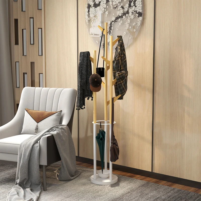 HOMCOM Bamboo Coat Rack Free Standing Hall Tree Umbrella Holder with 13 Hooks for Clothes Hats Scarf Bags for Entryway Living Room Bedroom Natural and White