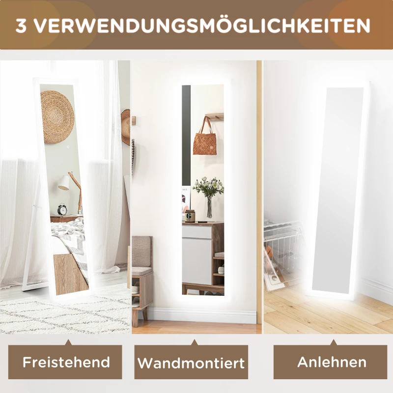 HOMCOM Volledige lengte spiegel, 40x160 cm, LED-verlichting, Touchbediening, dimbaar, 3 kleuren, Wit