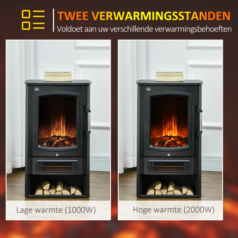 HOMCOM elektrische haard, realistische vlammen, 2 verwarmingsniveaus, bescherming tegen oververhitting, staal, zwart, 44,5 x 32 x 74 cm(m-4)