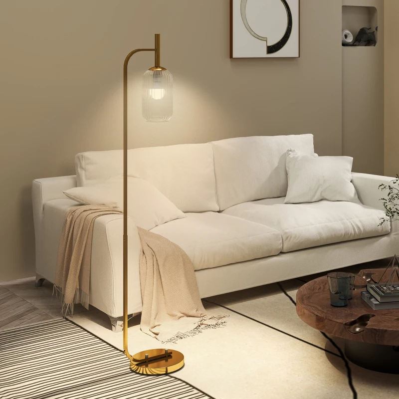 HOMCOM Floor Lamp for Living Room with Glass Lampshade, Modern Standing Lamp with Foot Switch for Bedroom, Bulb not Included, Gold Tone