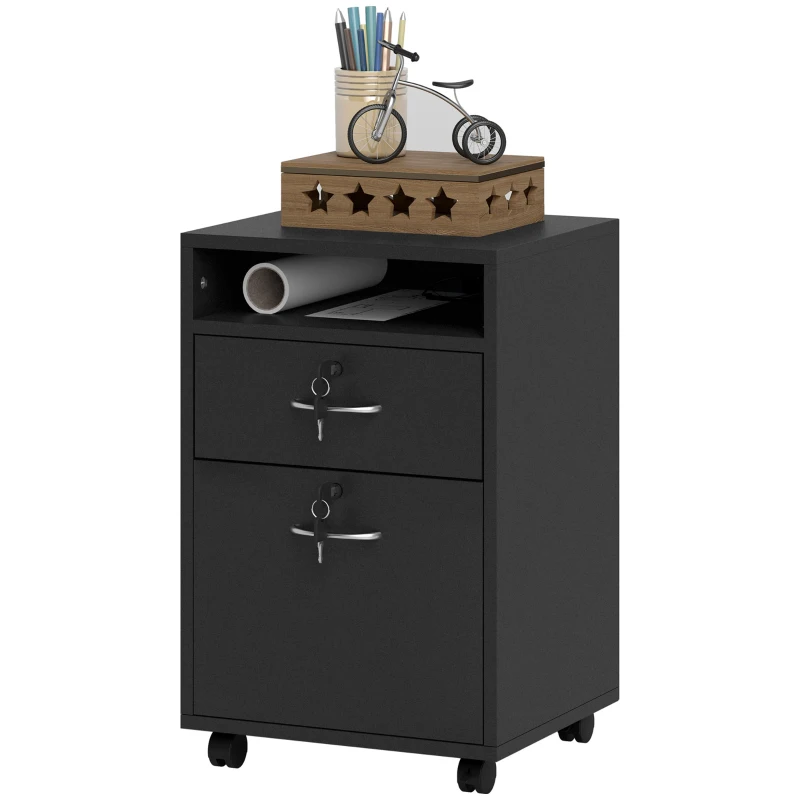 HOMCOM 60cm Filing Cabinet with Drawer, Open Shelf, Metal Handles and 4 Wheels, Office Home Organiser Mobile Printer with Two Locks, Black