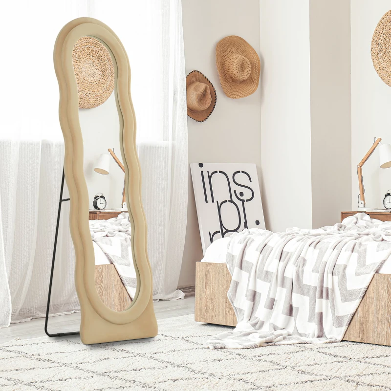 HOMCOM Espelho de Pé 50x160 cm Espelho de Corpo Inteiro ou de Parede com Desenho Assimétrico e Estrutura de Veludo Bege