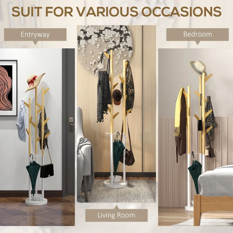 HOMCOM Bamboo Coat Rack Free Standing Hall Tree Umbrella Holder with 13 Hooks for Clothes Hats Scarf Bags for Entryway Living Room Bedroom Natural and White