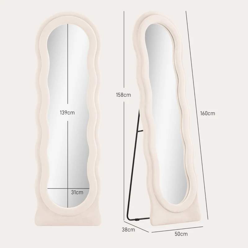 HOMCOM Espelho de Pé 50x160 cm Espelho de Corpo Inteiro ou de Parede com Desenho Assimétrico e Estrutura de Veludo Creme