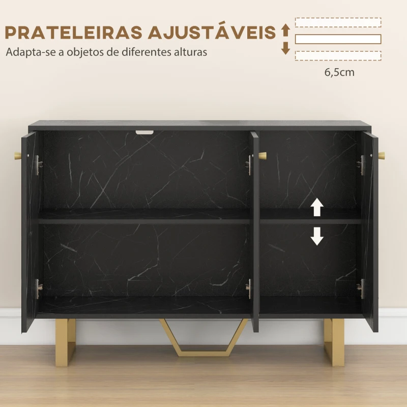 HOMCOM Aparador de Sala de Estar com 2 Armários e Prateleira Interior Ajustável com Efeito Mármore 107x35x75 cm Preto e Dourado