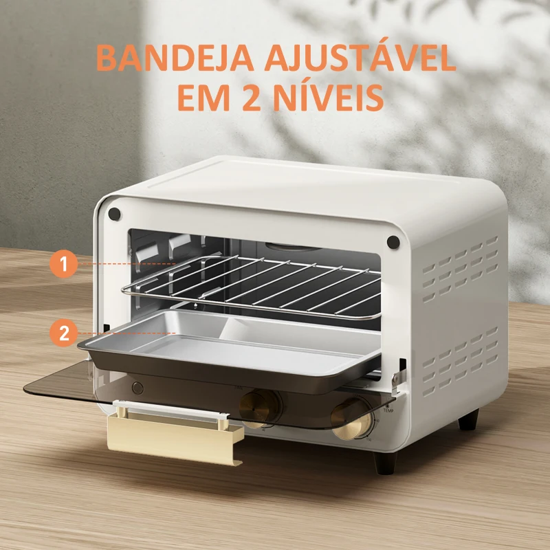 HOMCOM Forno Elétrico de Mesa Mini Forno de 12L 750W com Temporizador e Temperatura Ajustável até 230℃ 31,5x27,7x22,7 cm Branco