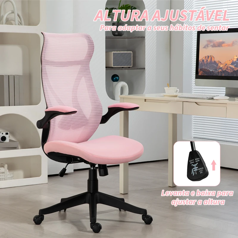 HOMCOM Cadeira de Escritório Giratória com Altura Ajustável Apoio para os Braços Dobráveis e Função Basculante 66x66x113-121 cm Rosa