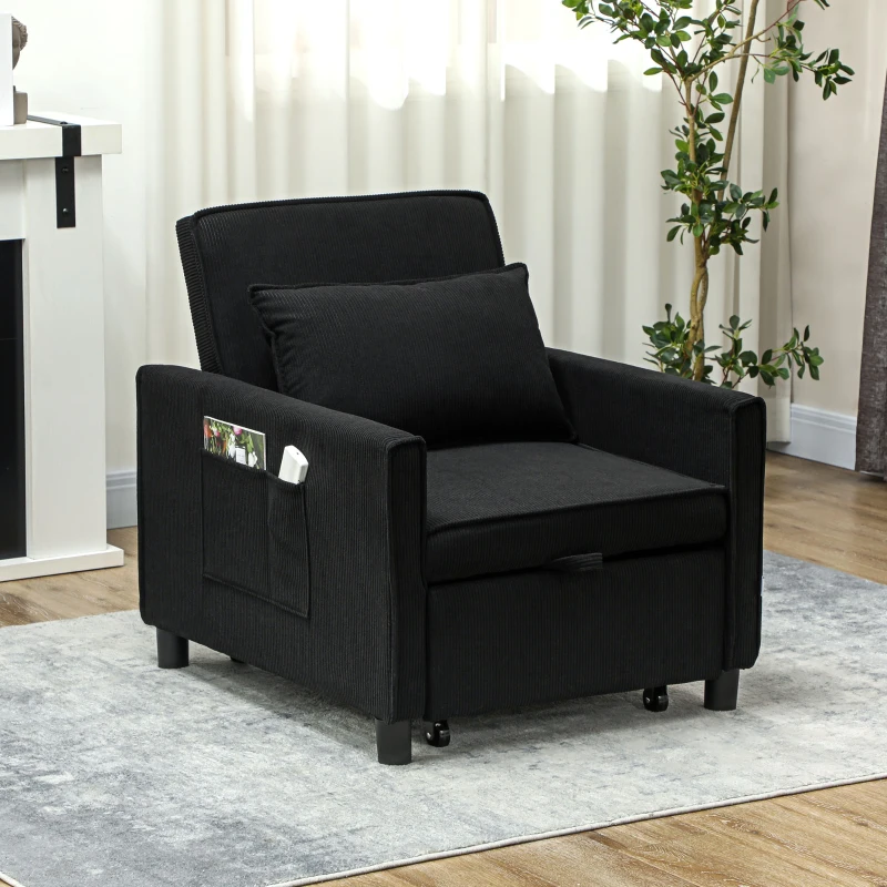 HOMCOM Slaapfauteuil, 3 standen verstelbare, Corduroy bekleding, tot 120 kg, Zwart(m-9)